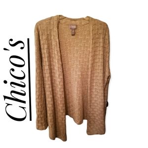 Chicos XL Travelers Collection Open Cardigan/Sweater Taupe  Metallic Gold